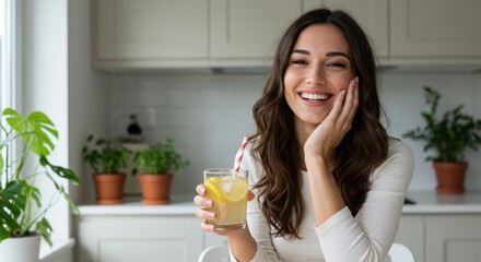 A happy woman holding a refreshing lemon drink in a glass, smiling and resting her hand on her cheek in a cozy kitchen with plants and natural light.