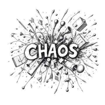 Chaos Unleashed: A dynamic illustration explodes with a flurry of abstract shapes, objects, and the bold word "CHAOS" in the center. The image captures a sense of disorder, complexity.