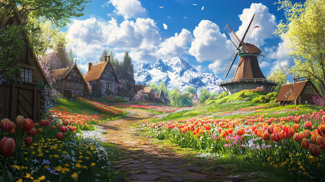 Viewers are transported to a breathtaking landscape brimming with vibrant tulips, where the elegance of nature and the ingenuity