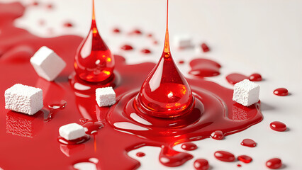 Rich red liquid droplets create striking visual on white surface, surrounded by sugar cubes. contrast evokes sense of drama and intrigue, perfect for artistic or culinary themes