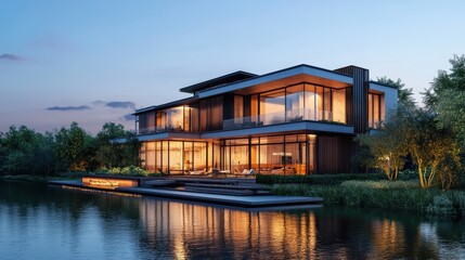 3d rendering of modern house by the river house, luxury, villa, modern, architecture, building, exterior, residential, property, designer