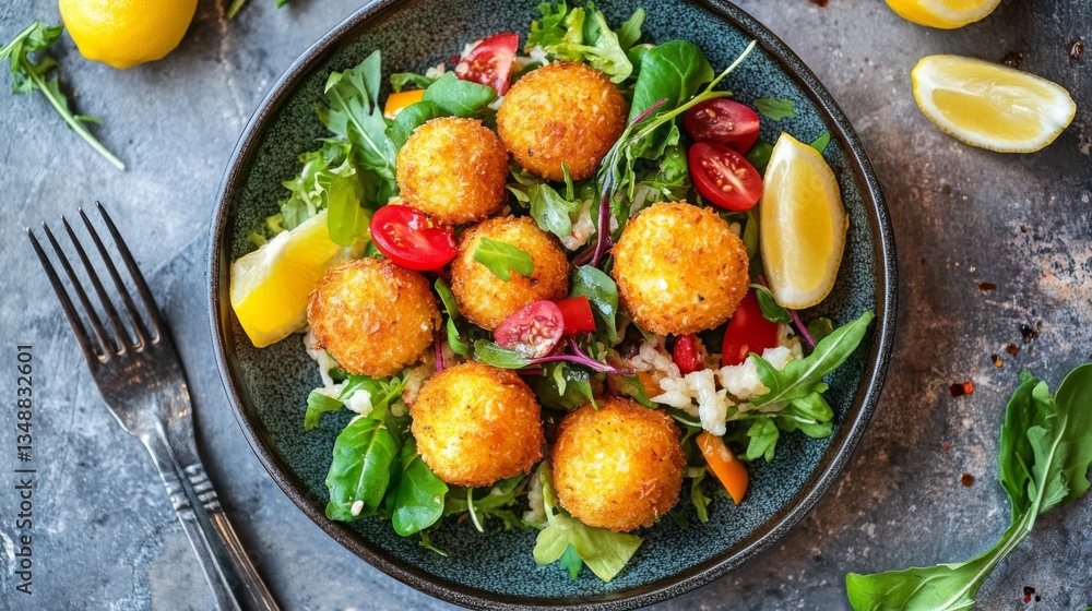 Poster a vibrant overhead shot of arancini served with a fresh salad and lemon wedges, emphasizing the colo