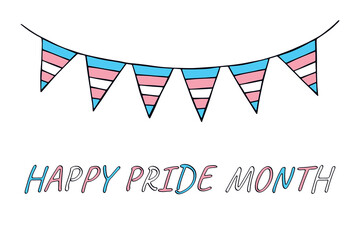 Obraz premium Colorful garland Transgender pride flag Happy pride day LGBTQIA community Pride Month Vector hand drawn doodle for posters, stickers, logo, cards
