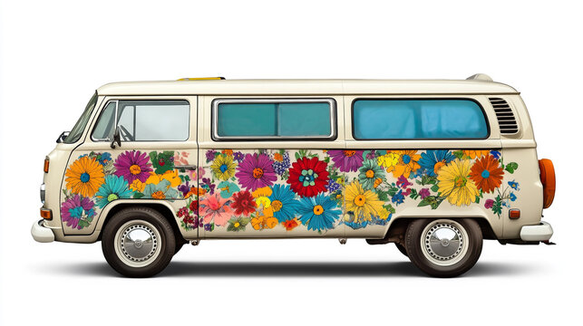Vintage retro hippie van adorned with colorful flowers, set against a clean white background