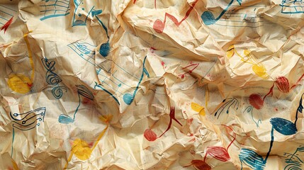 A crumpled piece of paper with music notes printed on it.