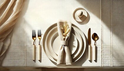 Elegant Neutral Table Setting with Gold Accents and Soft Sunlight