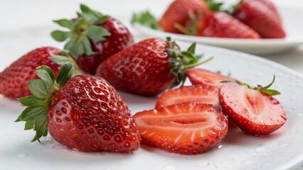 Freshly Sliced Strawberries on a White Plate