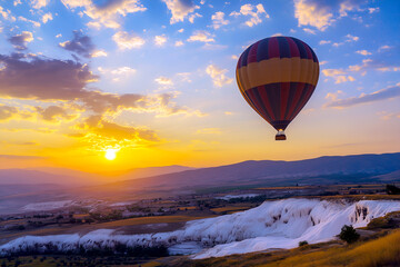 Obraz premium Hot air balloon floating over a scenic landscape with stunning sunset, capturing a sense of freedom, adventure and the beauty of nature in its glory