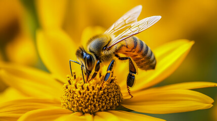 A close-up shot of a honey bee collecting pollen from a vibrant yellow flower in a sunny garden