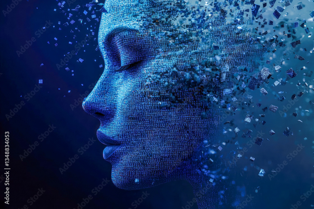 Poster a striking digital visualization of a face disintegrating into particles, representing the fusion of