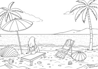 Beach drawing illustration for coloring book