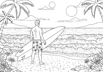 Surfer on the Beach drawing illustration for coloring book