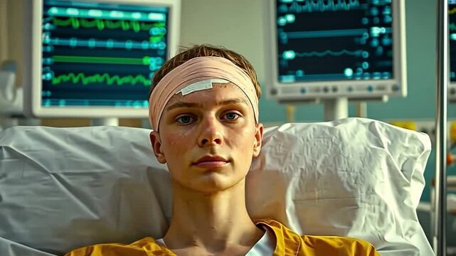 This image captures the stillness of a hospital scene. A patient rests with a bandage on their head. Monitors beep softly, illustrating the seriousness of their condition. AI