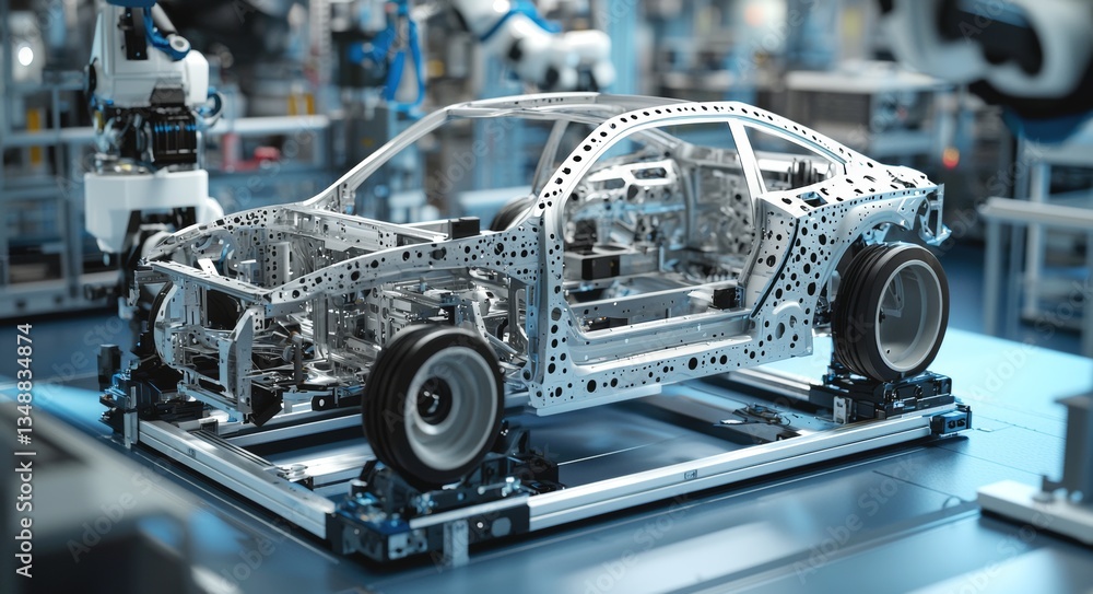 Poster assembled car frame in modern uncluttered factory environment with advanced robotics