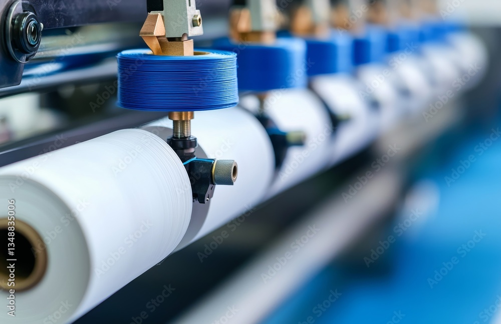 Aufkleber close-up of paper roll and blue thread on industrial animation machine display in action