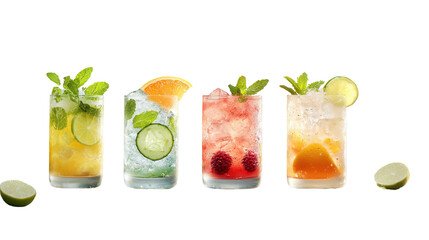 An assortment of refreshing summer cocktails and non alcoholic mocktails featuring a variety of citrus fruits herbs and bubbly mixers in chilled glasses