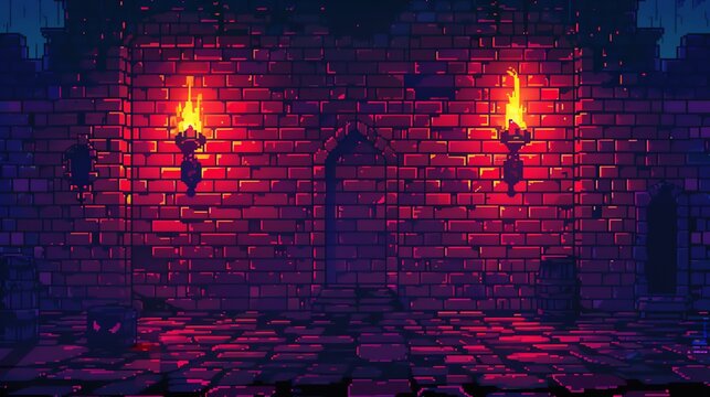 A pixelated image of a brick wall with two lit torches on either side of an arched doorway.