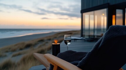 Coastal Sunset Relaxation.  A tranquil scene of a modern seaside home, featuring a deck with a comfortable lounge chair, a glass of wine, and a small fire pit.  