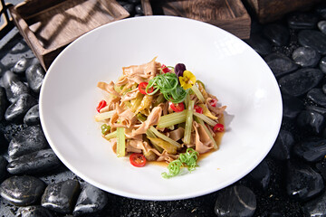 Goose intestines with rice pepper and celery in sauce