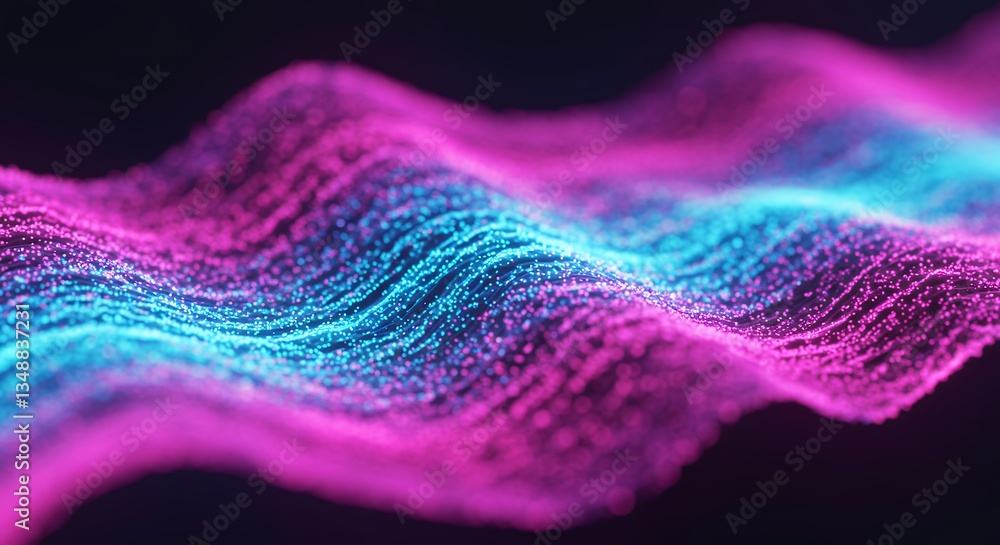 Poster abstract wavy particle surface flowing with blue and pink gradient
