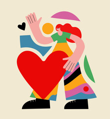Vector illustration with woman, abstract shapes and big red heart. Self love and care print design, home decoration poster, mental health card template