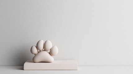 Fototapeta premium Small sculpture of a dog's paw print on a white wooden base. the sculpture is made of a light-colored material and appears to be made of ceramic or porcelain.