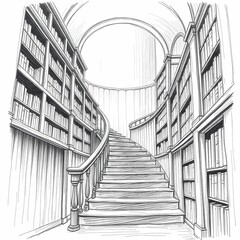 Library's Stairway to Knowledge: An elegant drawing of a classic library with a winding staircase, lined with bookshelves, leading upward to an arched opening.