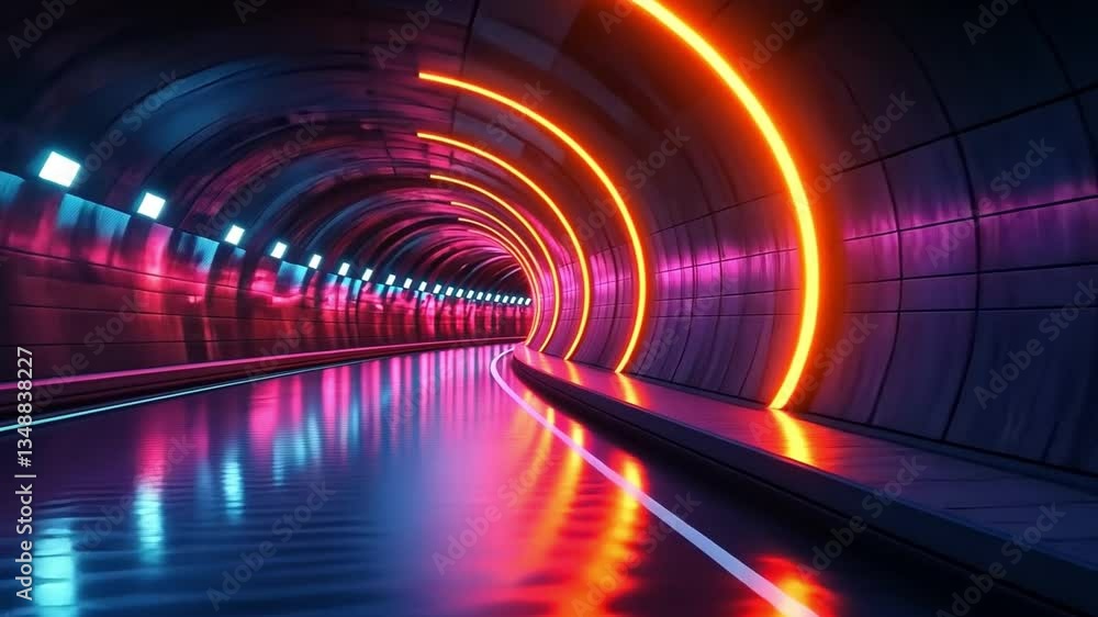 Poster vibrant illuminated tunnel reflecting colorful lights in captivating patterns, creating an artistic 