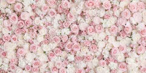 Fototapeta premium Rose wall. Rose flower background. Natural fresh roses flowers pattern wallpaper. Top view. Light Amazing rose flower heads backdrop. Delicate blossoming roses, blooming flowers festive pastel card.