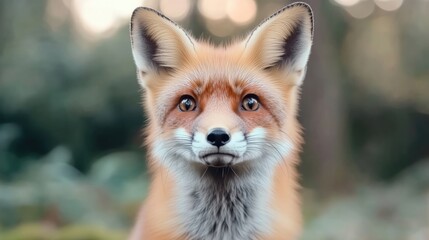 Fototapeta premium Close-up portrait of a red fox. Detailed view of its fur, ears, and expressive eyes against a softly blurred forest backdrop. Wild, nature, beautiful, animal