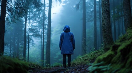 Fototapeta premium Person standing in the middle of a dense forest. the person is wearing a blue raincoat and is facing away from the camera.