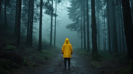 Obraz premium Person walking on a dirt path in a foggy forest. the person is wearing a bright yellow raincoat and is walking towards the right side of the image.