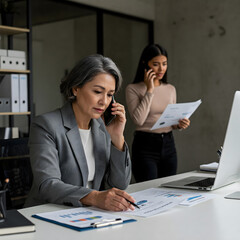 Fototapeta premium Professional businesswomen discussing financial reports over the phone in a modern office. Focused teamwork, corporate communication, and leadership in action.