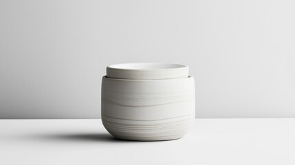 Photograph of a white ceramic jar or container. the jar is cylindrical in shape with a flat base and a wide opening at the top. it appears to be empty and is sitting on a plain white surface.