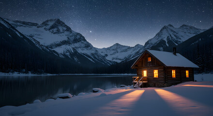 Tranquil Snowy Landscape with a Log Cabin by a Reflective Lake at Night
