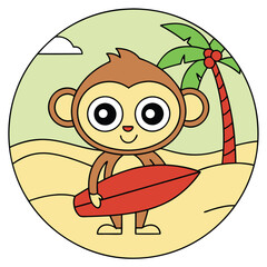 Cheerful Cartoon Monkey Carrying a Surfboard on a Sunny Beach