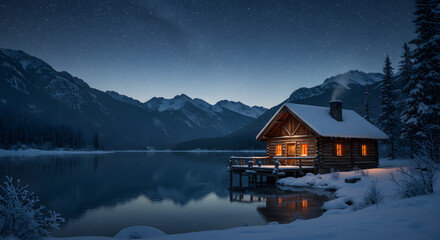Obraz premium Crystal-Clear Ultra-HD View of a Cabin by a Mountain Lake in Winter 