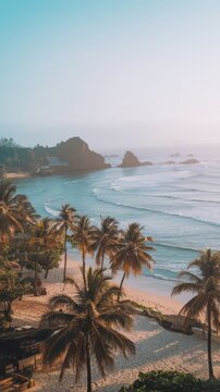 Tropical beach in Goa with palm trees and rocky cliffs