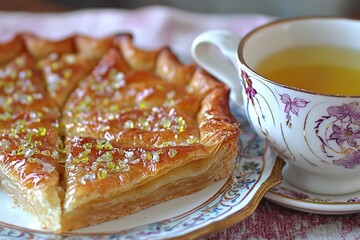 Fototapeta premium Classic honey soaked almond pastry cut into triangular slices served on a decorative ceramic plate with a vintage floral teacup for a cozy ambiance