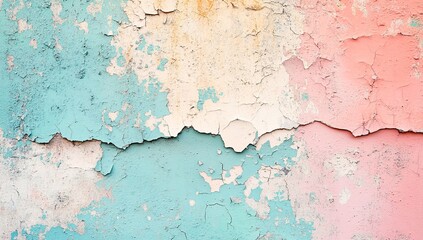 Obraz premium Pastel-colored wall with peeling paint. A textured background with faded, cracked paint in shades of blue, pink, and off-white.