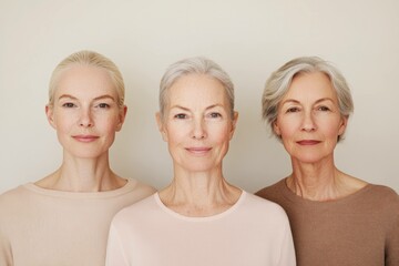 Three elegant senior women with grey hair, displaying confidence and serenity in simple, neutral toned outfits against a soft, light background