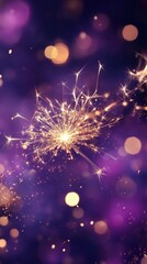 Obraz premium Gold Sparkler on dark violet background sparkles purple.