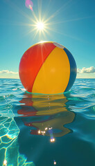 A vivid beach ball floats serenely in clear blue water under a bright, shining sun.