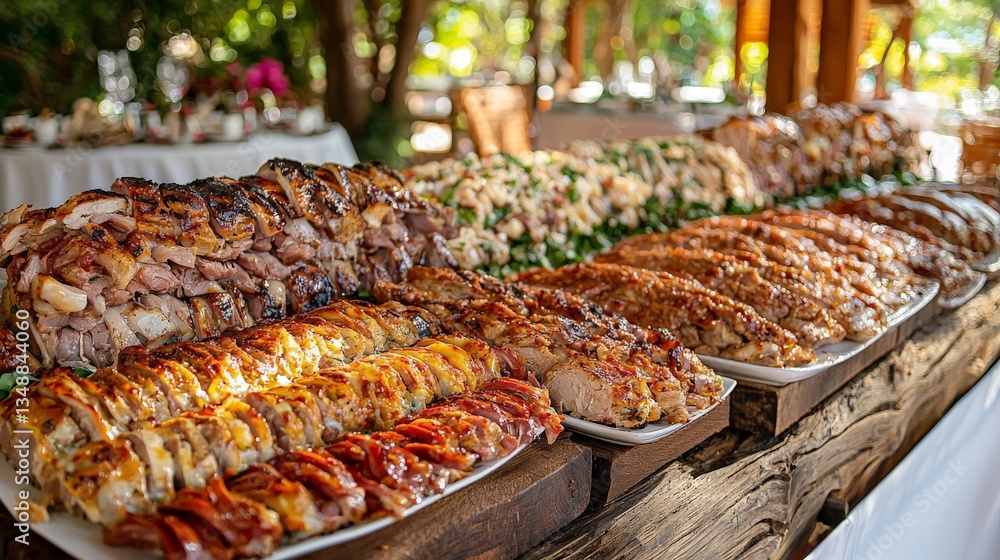 Aufkleber large variety of grilled skewers featuring different meats arranged on rustic wooden table creating 