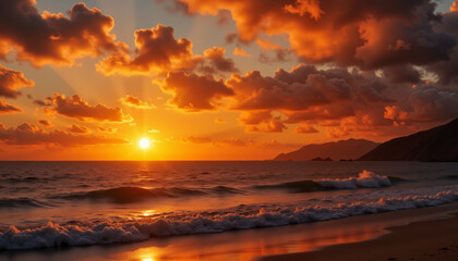 Vibrant sunset over calm ocean waves, nature's serenity