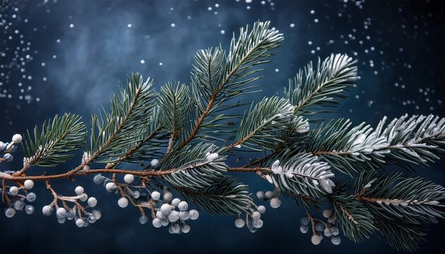 A sophisticated arrangement of dark green pine branches with a few scattered silver berries, creating an elegant, natural winter composition with soft, refined lighting.