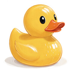 A cartoon illustration of a yellow rubber duck with an orange beak on a white surface and black background transparent background