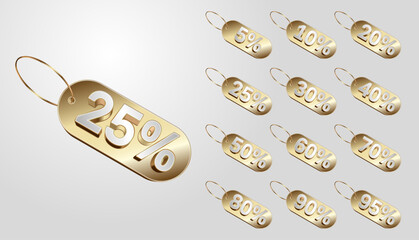 A set of 3d gold tags with different percentage figures.