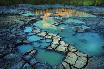 Cracked earth reflects a stunning sunset, creating a mesmerizing interplay of water and land.