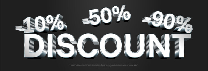 White and silver 3D lettering discount on a black background with percentages.